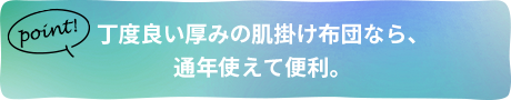 丁度良い厚みの肌掛け布団なら、通年使えて便利。